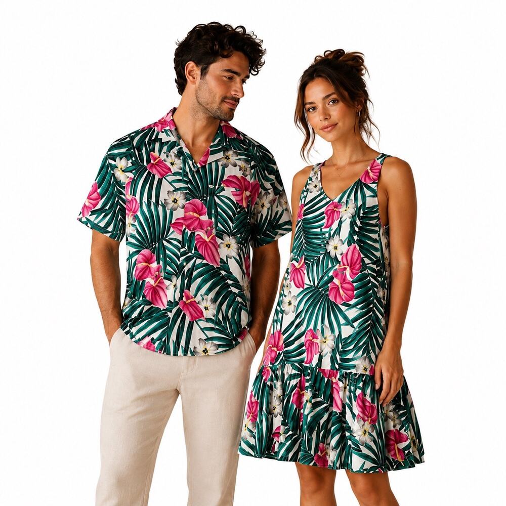 Hilo Hattie Matching Couples Hawaiian Outfit Set Shirt L Dress M Made Hawaii -